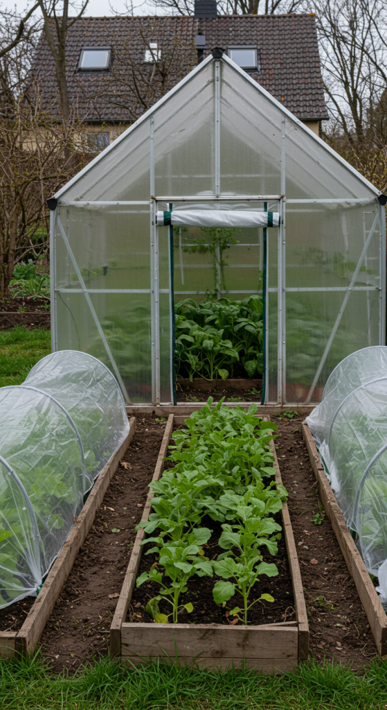 Wie kann ich einen Essbarer Garten Deutschland anlegen? 3 A German home garden with a cold frame, mini greenhouse, and row covers protecting young plants in early spring or late autumn, clear structures visible, vegetables inside, cool lighting, realistic photo